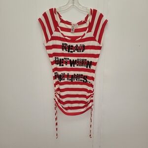 L8teR "Read Between The Lines..." Stripe Drawstring Tie Up Ruched Cap Sleeve Top